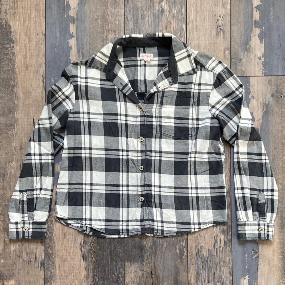 Cat & Jack Girls Flannel Plaid Shirt Long Sleeve Button Down Black White Size XL